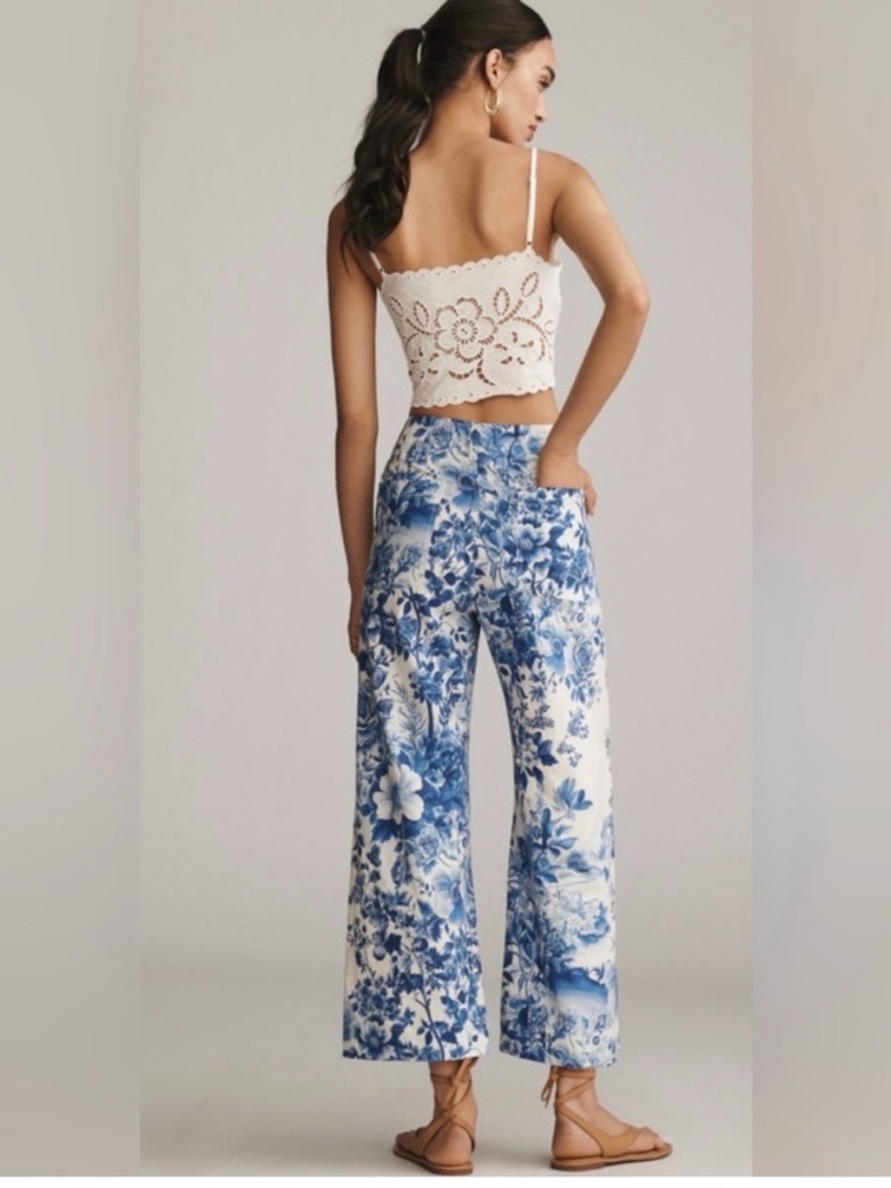 Maeve Colette  Floral Wide-Leg Pants - White & Blue